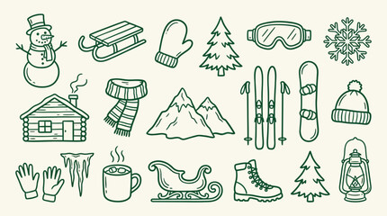 Fototapeta premium Collection of hand-drawn winter icons including a snowman, sled, skis, snowboard, cabin, and hot drink.