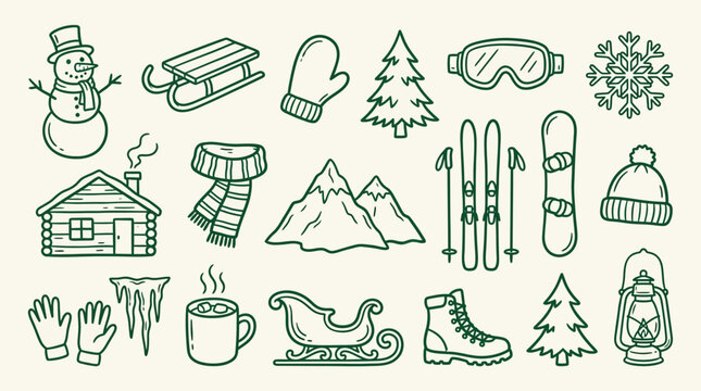 Collection of hand-drawn winter icons including a snowman, sled, skis, snowboard, cabin, and hot drink.