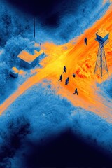 View from a thermal imaging camera showing individuals moving along a path near a watchtower and structures in a forested area during nighttime operations