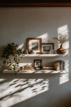 Floating shelf display features ceramics, framed photos, and small books in a well-lit room with shadows from plants and a vase