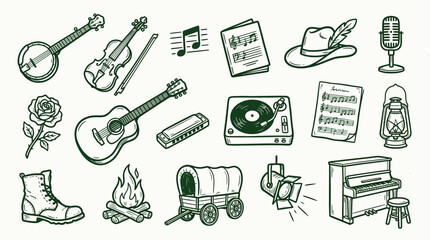 Collection of hand-drawn musical instruments, camping gear, and western-themed items. © logan