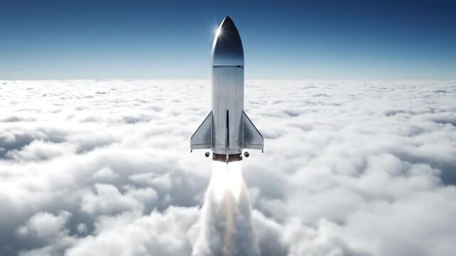 Futuristic Rocket Ascending Through Clouds into Blue Sky.