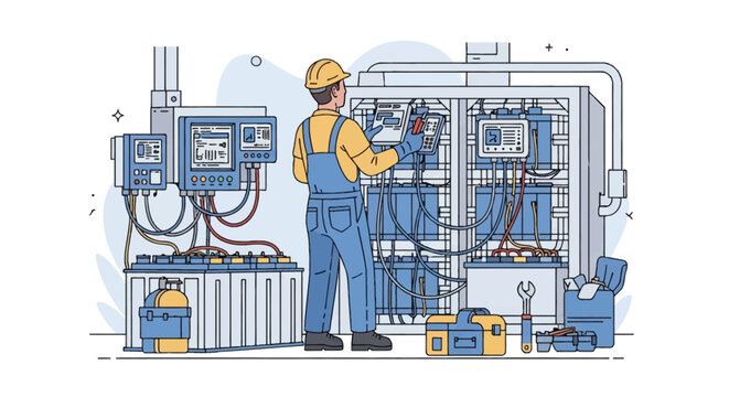 Vector illustration of a male technician in a hard hat and overalls performing maintenance on industrial battery storage systems with control panels and diagnostic testing tools.
