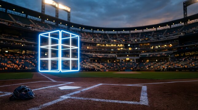Glowing neon cube floating over a baseball home plate in a stadium at night
