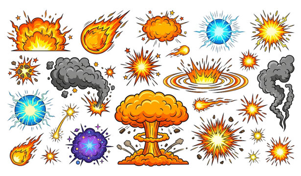 Comic book explosion effects collection with fireballs and energy bursts vector illustration