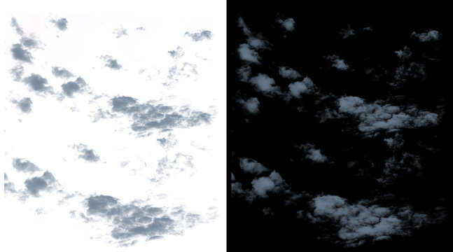 Atmospheric scattered clouds on white and black backgrounds, realistic fluffy cloud texture set, natural sky elements for digital compositing and design
