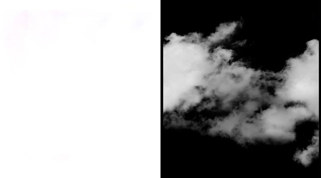 Wispy white clouds isolated on black background, fluffy cumulus cloud texture for sky replacement, ethereal atmospheric vapor elements for digital compositing