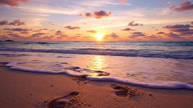 Sunset over calm ocean waves gently lapping at sandy beach with footprints