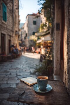 Solo traveler enjoys coffee while writing in a notebook at small cafe table along a narrow street in a historic town during the late afternoon