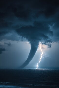Extreme weather event shows a tornado forming over the ocean with lightning striking in the background during dark storm clouds
