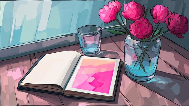 窓辺の花瓶と開いた本 優しい室内 イラスト 背景素材