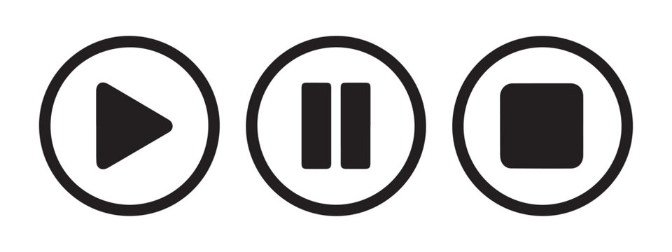Set of circular media player icons play pause stop buttons on transparent background isolated.