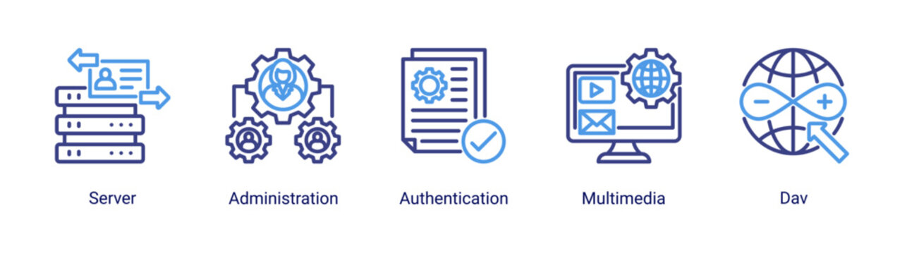 Media Hosting icon set vector illustration featuring multimedia servers,user authentication,and digital hosting concepts.