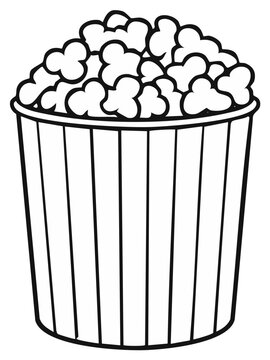 Black and White Outline of a Tall Paper Tub Filled With Puffed Popcorn Kernels Ready for a Movie