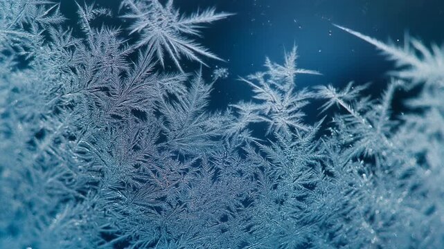Elegant Frost Crystals Forming on Blue Window Glass for Premium Winter Background