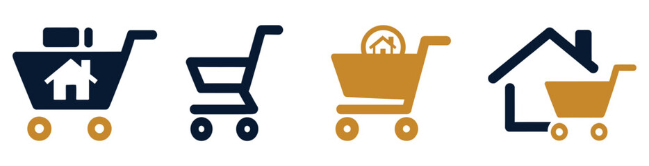 Home purchase vector icon featuring house with shopping cart symbol for real estate, property buying and concepts, vector, designs © MUNNA