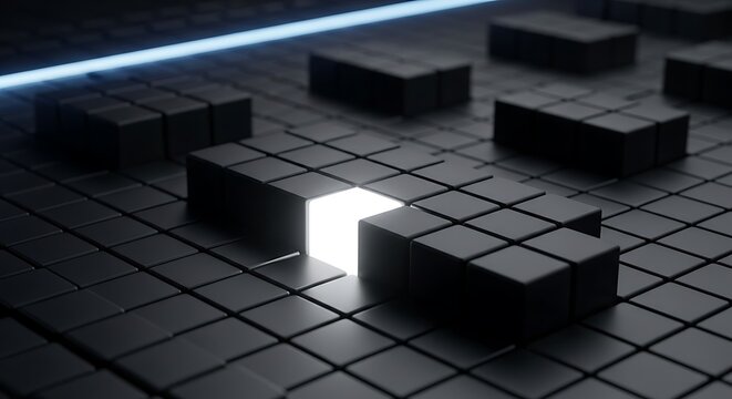 Abstract geometric composition of dark cubes, some glowing. Abstract pattern of light and shadow