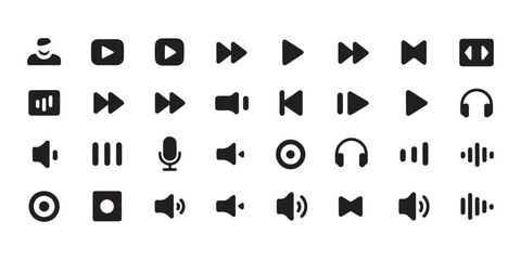 Audio interface icon set with media player buttons sound waves microphone and music volume controls. © Bd Artist