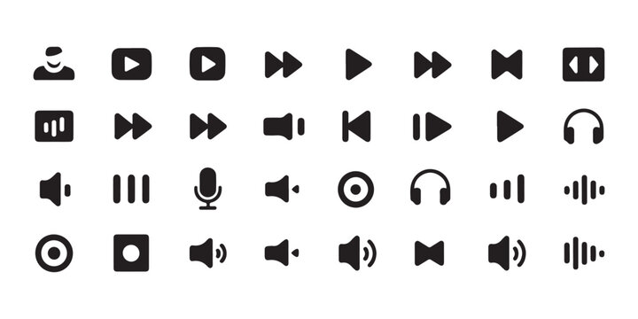 Audio interface icon set with media player buttons sound waves microphone and music volume controls.