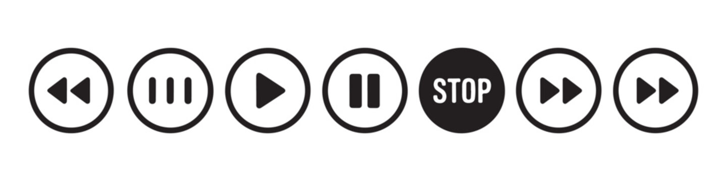 Media player control button set with stop word, video audio player next, previous, pause icons.