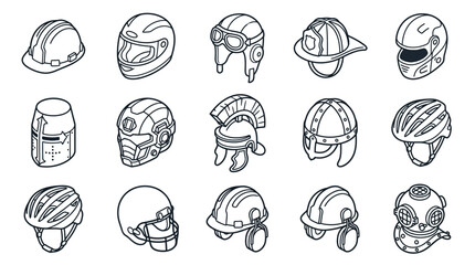 Obraz premium Collection of Protective Helmets Icons - Hard Hat, Motorcycle, Pilot, Firefighter, Knight, Diver