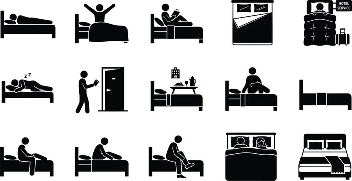 Hotel service and bedtime routine stick figure icon set featuring people sleeping waking up reading room service isolated on white background
