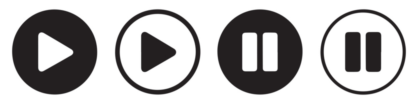 Set of play and pause circular button icons for modern digital media player interface design layouts.