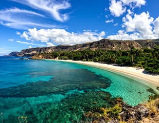 Fototapeta premium Turquoise Tropical Bay Curving Along Palm Lined Beach Beneath Rocky Coastal Hills
