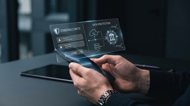 Cybersecurity and data protection holographic interface, secure login screen on smartphone, digital shield icon, cloud computing network, business technology concept for online ...