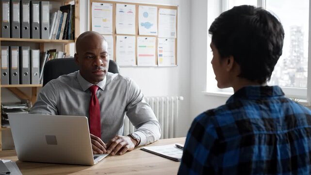 Black Hiring Manager Conducting Job Interview with Young Applicant in Modern Office