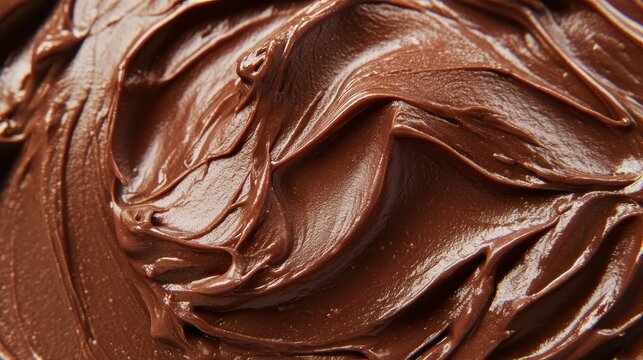 Close-up of smooth, rich chocolate spread with swirls and texture.