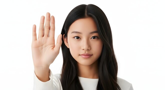 Portrait of a young asian woman holding her hand up in a stop gesture isolated on white background