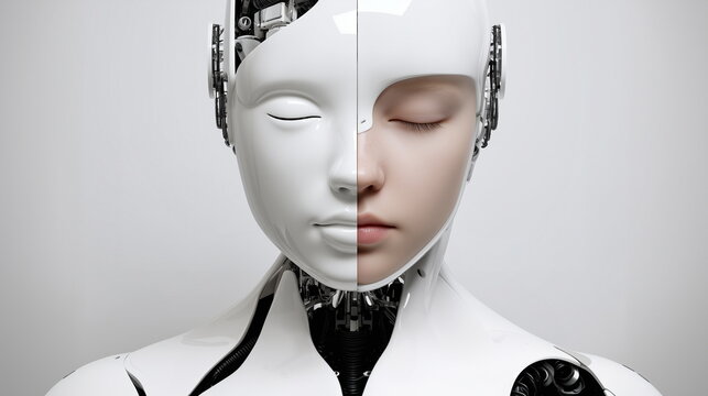 A close-up of the face of a female humanoid AI robot with half smooth humanoid skin and half a robot face. Cyborg, humanoid, future technology concept.