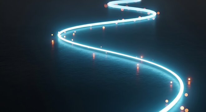 Abstract, glowing blue line with scattered orange dots against a dark, textured background