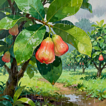 Vibrant Oil Painting of Wax Apples Hanging on Tree Branches, Dewy Green Leaves, Gentle Rain Streaks and Misty Tropical Orchard Background