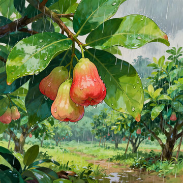 Vibrant Oil Painting of Wax Apples Hanging on Tree Branches, Dewy Green Leaves, Gentle Rain Streaks and Misty Tropical Orchard Background