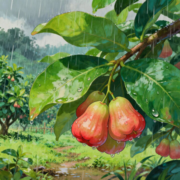 Vibrant Oil Painting of Wax Apples Hanging on Tree Branches, Dewy Green Leaves, Gentle Rain Streaks and Misty Tropical Orchard Background