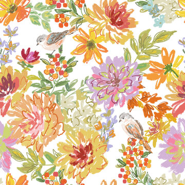 Crayon doodle autumn botanical seamless pattern with hand painted dahlia, Autumn leaves, wild flowers and little birds on a transparent background for fabric, home decor and surface design. 