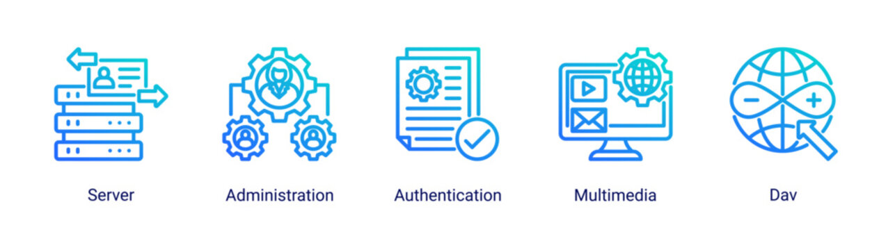 Media Hosting icon set vector illustration featuring multimedia servers,user authentication,and digital hosting concepts.