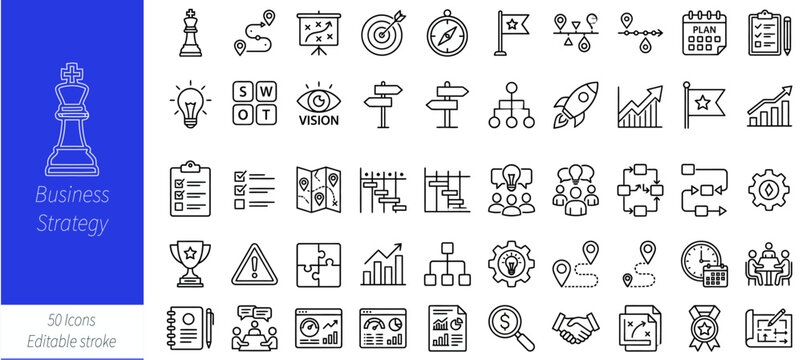 Strategic business planning and project roadmap line editable icon set. Containing milestone charts, SWOT analysis, mission vision, goal targets, Editable stroke. Vector illustration