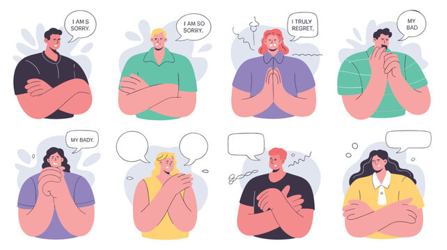 Collection of diverse people expressing sincere regret and apology through various gestures and speech bubbles with text like I am sorry.