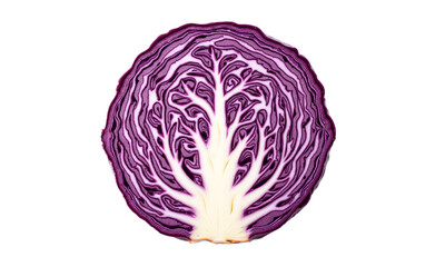 Obraz premium Red cabbage vegetable isolated. Fresh purple cabbage slice on a transparent background showing intricate white veins and vibrant color.