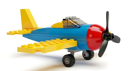 Obraz premium Toy airplane made of colorful plastic building blocks isolated on white background