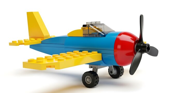 Toy airplane made of colorful plastic building blocks isolated on white background