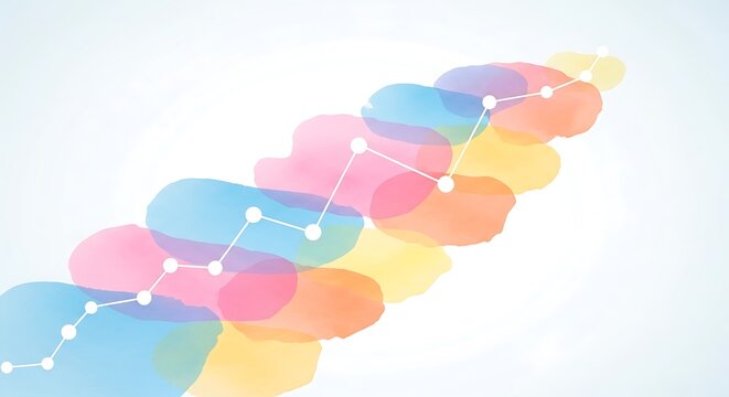 Abstract graphic depicts a rising line graph over colorful, overlapping watercolor shapes