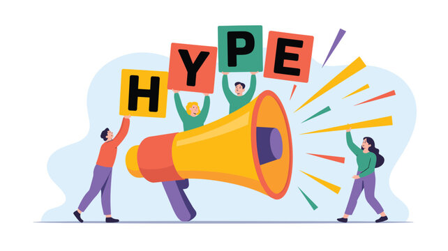 Diverse group of enthusiastic people holding colorful blocks spelling out the word hype while standing around a giant yellow megaphone.