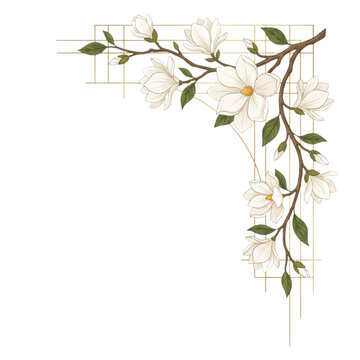 Decorative Magnolia Branch Corner Border with Gold Accents