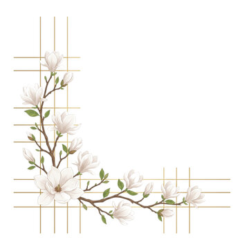 White Magnolia Floral Corner Frame with Gold Grid Lines