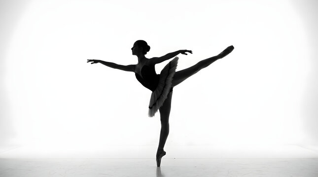 A dancer performs an elegant pose in a studio with dark silhouette.