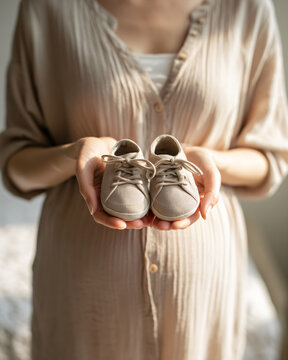 Pregnant woman holding baby shoes near her belly, soft beige bedroom interior, emotional maternity and family expectation concept, gentle natural window light, realistic lifestyle photography